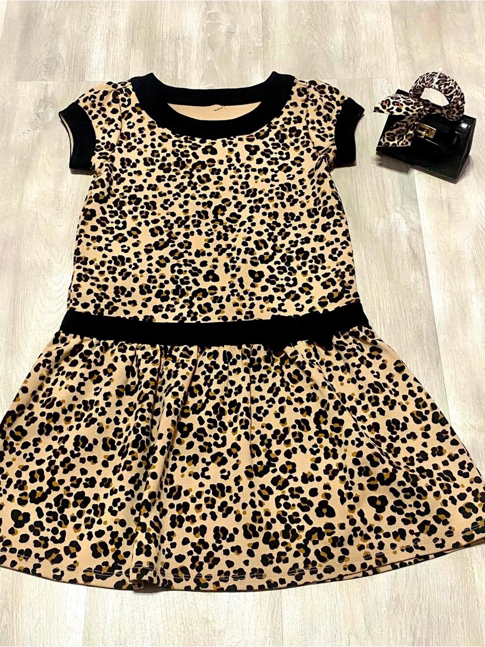 Girls Leopard Print Short Sleeve Dress with Black Trim